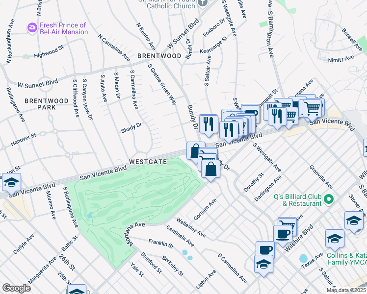 map of restaurants, bars, coffee shops, grocery stores, and more near 12221 San Vicente Boulevard in Los Angeles