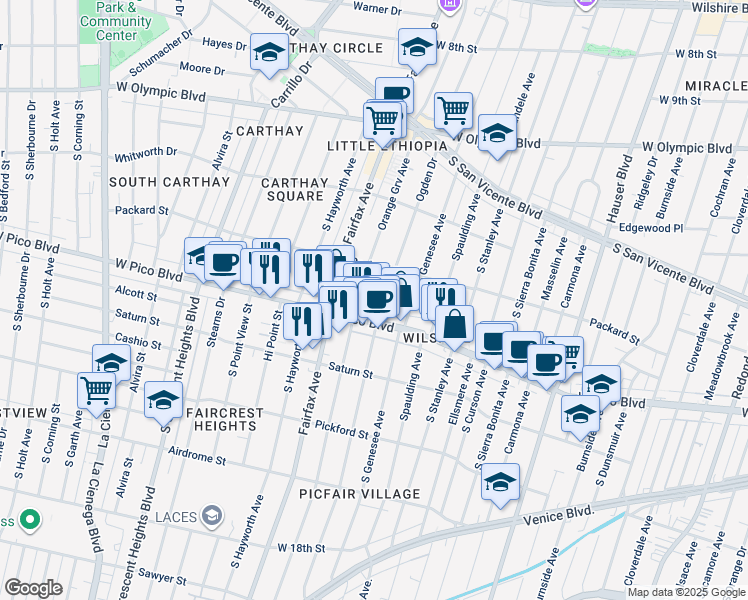 map of restaurants, bars, coffee shops, grocery stores, and more near 1345 South Ogden Drive in Los Angeles