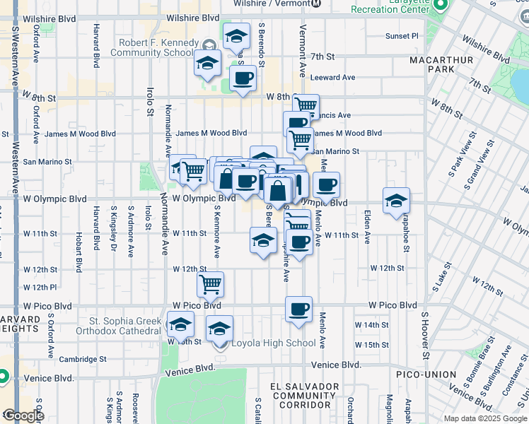 map of restaurants, bars, coffee shops, grocery stores, and more near 1025 South Berendo Street in Los Angeles