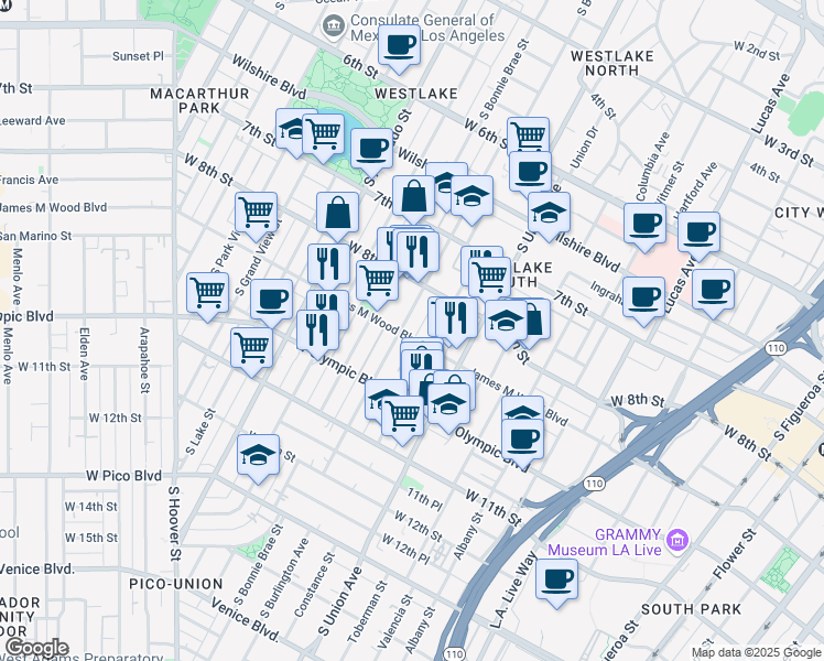 map of restaurants, bars, coffee shops, grocery stores, and more near 1723 James M Wood Boulevard in Los Angeles