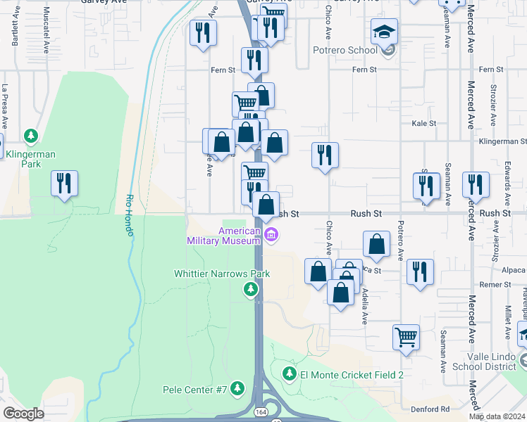 map of restaurants, bars, coffee shops, grocery stores, and more near 9401 Rush Street in South El Monte