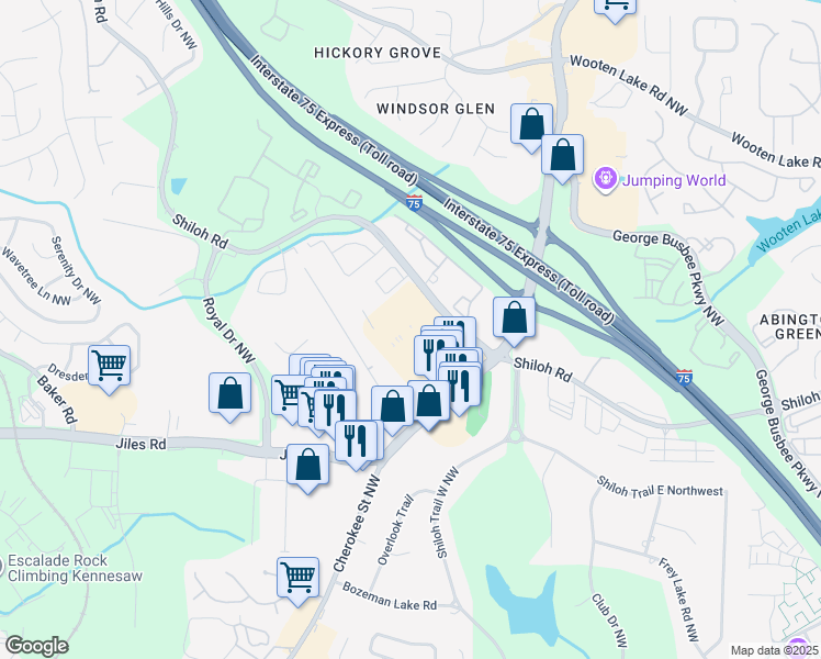 map of restaurants, bars, coffee shops, grocery stores, and more near 1655 Shiloh Road Northwest in Kennesaw