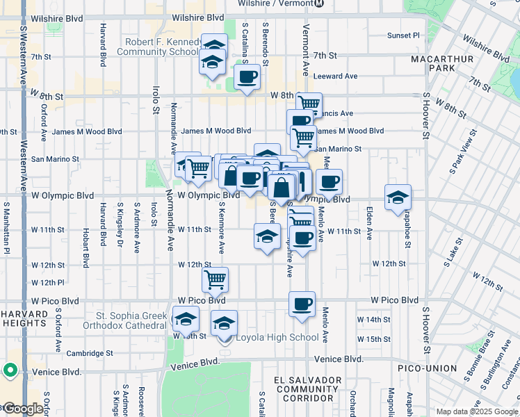 map of restaurants, bars, coffee shops, grocery stores, and more near 1022 South Catalina Street in Los Angeles