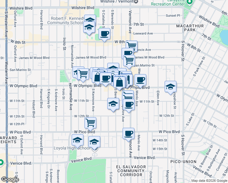 map of restaurants, bars, coffee shops, grocery stores, and more near 1025 South Berendo Street in Los Angeles