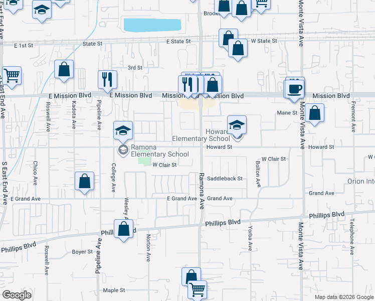 map of restaurants, bars, coffee shops, grocery stores, and more near 4429 Howard Street in Montclair