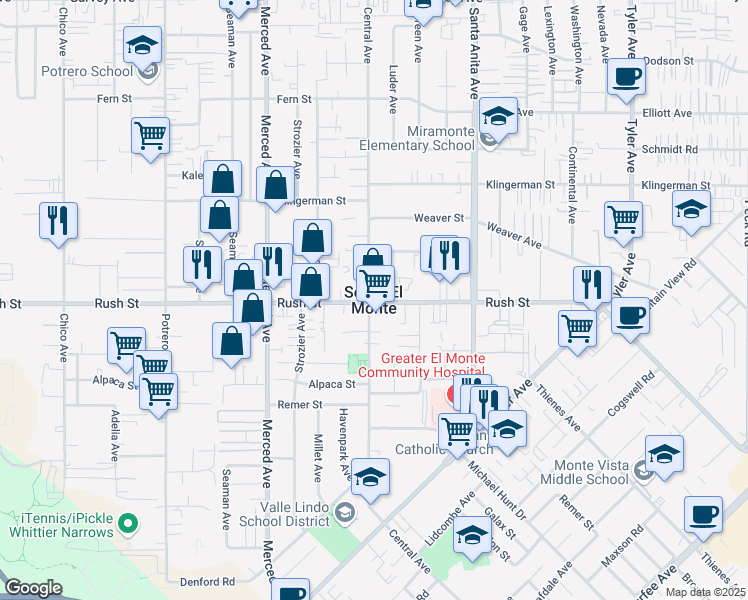 map of restaurants, bars, coffee shops, grocery stores, and more near 2540 Everly Street in South El Monte
