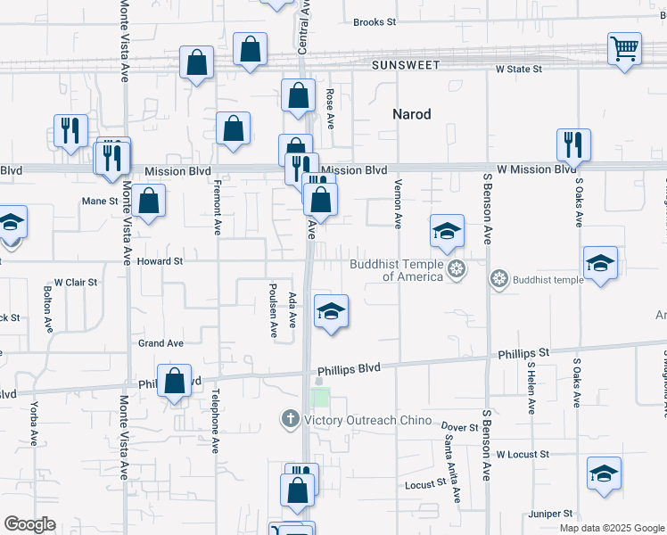 map of restaurants, bars, coffee shops, grocery stores, and more near 5325 Howard Street in Ontario
