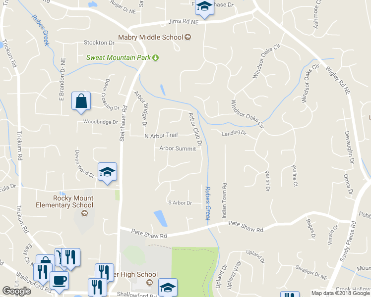 map of restaurants, bars, coffee shops, grocery stores, and more near 2708 Arbor Summit in Marietta