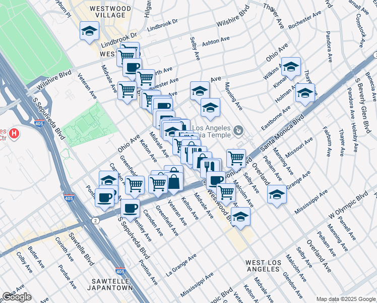 map of restaurants, bars, coffee shops, grocery stores, and more near 1716 Westwood Boulevard in Los Angeles