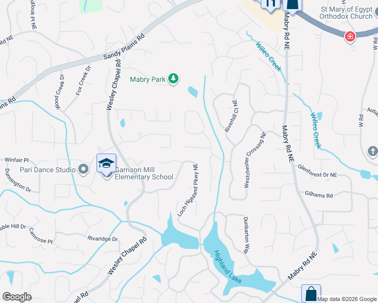 map of restaurants, bars, coffee shops, grocery stores, and more near 4256 Loch Highland Parkway Northeast in Roswell
