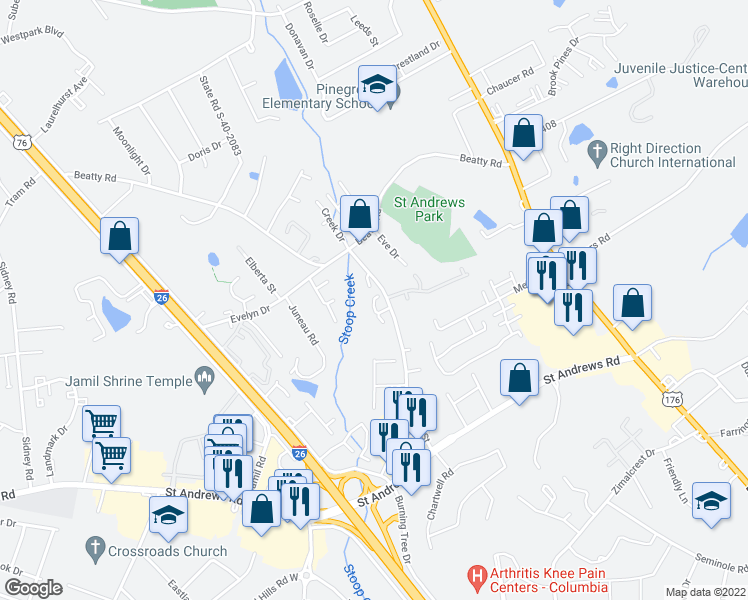 map of restaurants, bars, coffee shops, grocery stores, and more near 1006 Village Creek Drive in Columbia