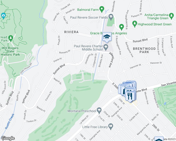 map of restaurants, bars, coffee shops, grocery stores, and more near 13216 Jonesboro Place in Los Angeles