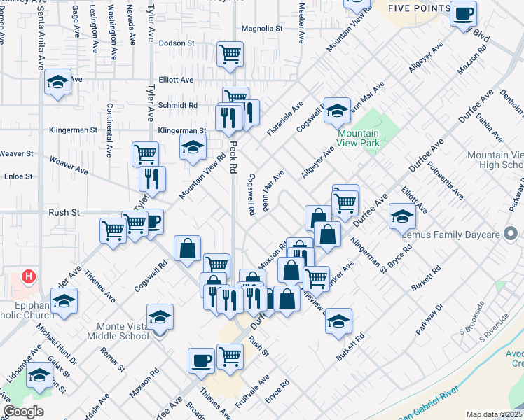 map of restaurants, bars, coffee shops, grocery stores, and more near 2226 Cogswell Road in El Monte