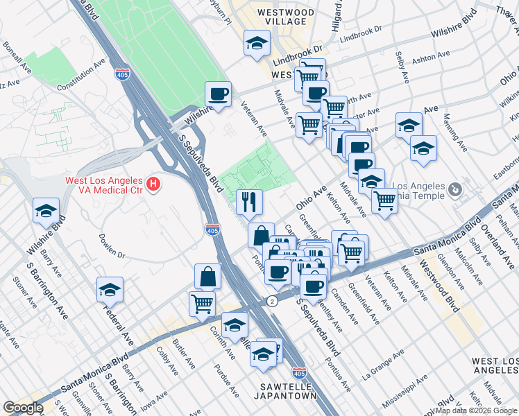 map of restaurants, bars, coffee shops, grocery stores, and more near 1402 South Bentley Avenue in Los Angeles