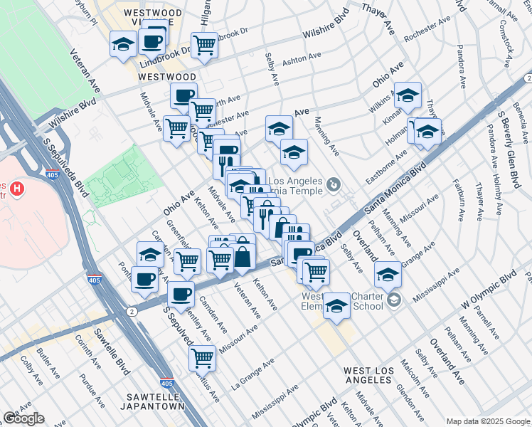 map of restaurants, bars, coffee shops, grocery stores, and more near 10830 Massachusetts Avenue in Los Angeles