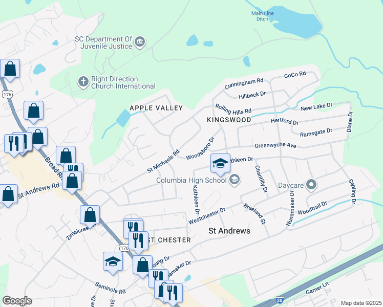 map of restaurants, bars, coffee shops, grocery stores, and more near 1831 Woodsboro Drive in Columbia