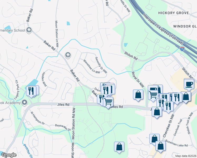 map of restaurants, bars, coffee shops, grocery stores, and more near 2144 Serenity Drive Northwest in Acworth