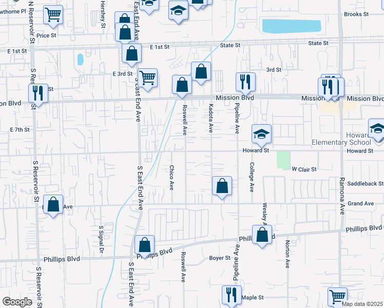 map of restaurants, bars, coffee shops, grocery stores, and more near 3921 East 9th Street in Pomona