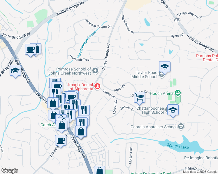 map of restaurants, bars, coffee shops, grocery stores, and more near 4860 Agate Drive in Alpharetta