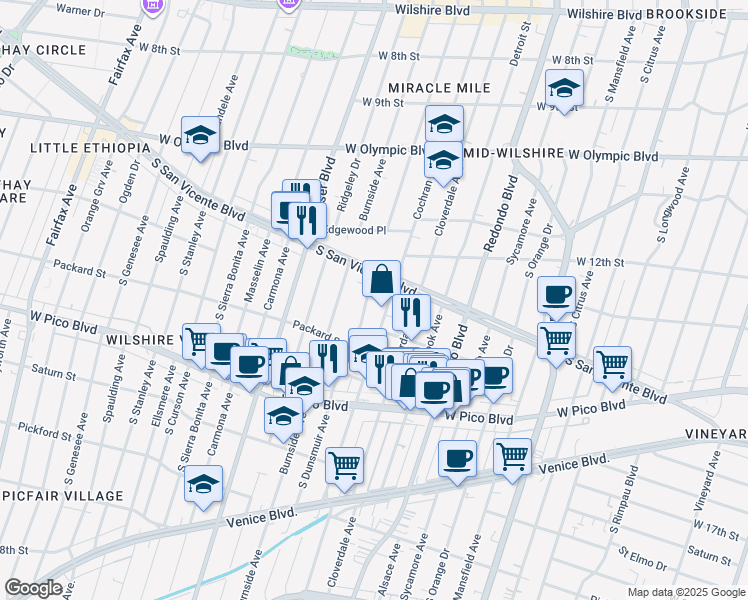 map of restaurants, bars, coffee shops, grocery stores, and more near 1229 South Dunsmuir Avenue in Los Angeles