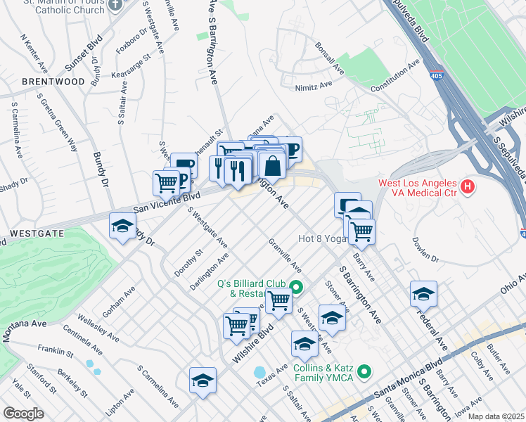 map of restaurants, bars, coffee shops, grocery stores, and more near 11737 Darlington Avenue in Los Angeles