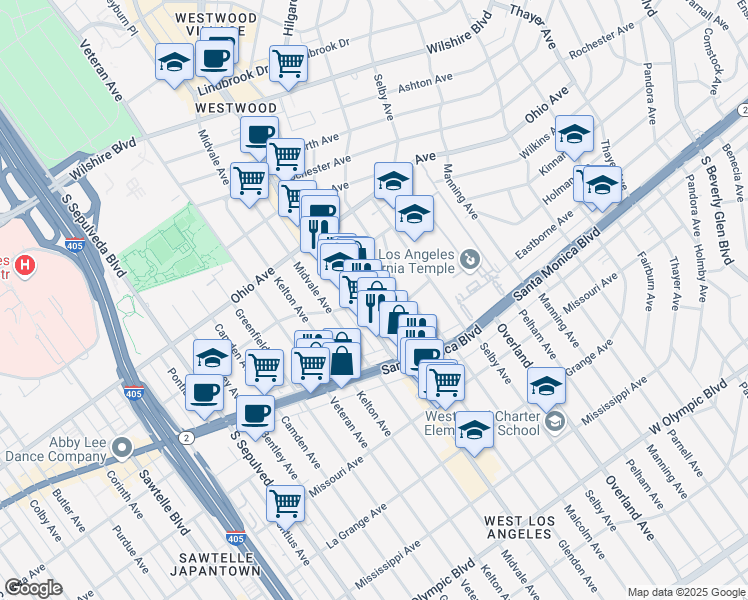 map of restaurants, bars, coffee shops, grocery stores, and more near 10830 Massachusetts Avenue in Los Angeles