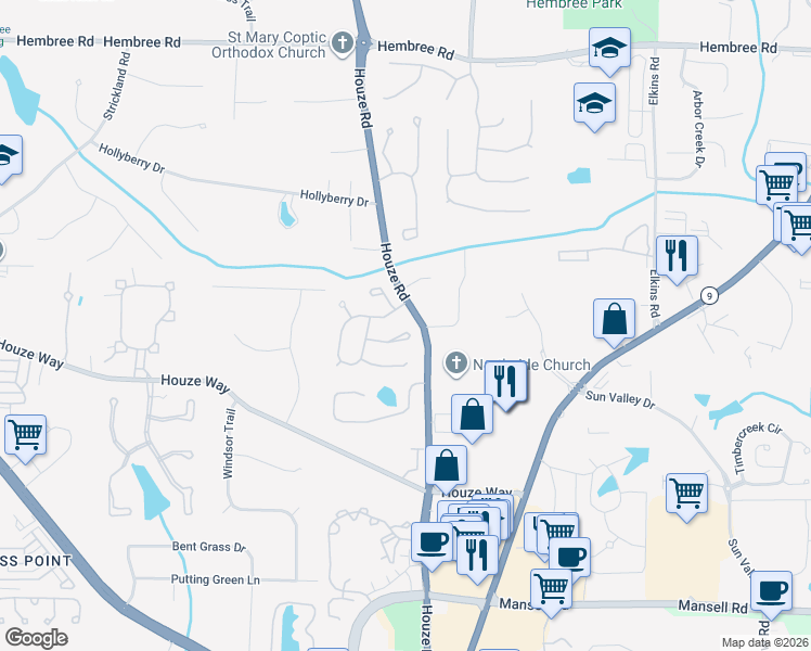 map of restaurants, bars, coffee shops, grocery stores, and more near 1060 Wellers Court in Roswell