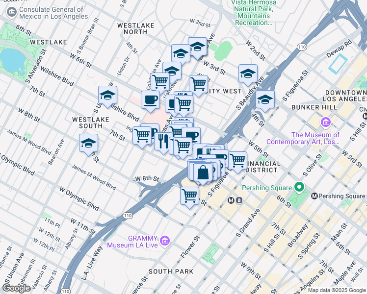map of restaurants, bars, coffee shops, grocery stores, and more near 1070 Wilshire Boulevard in Los Angeles