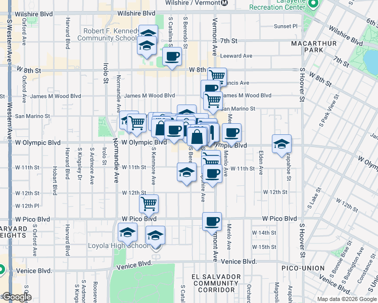 map of restaurants, bars, coffee shops, grocery stores, and more near 1025 South Berendo Street in Los Angeles