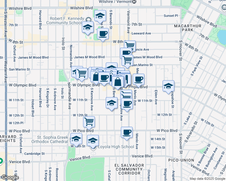 map of restaurants, bars, coffee shops, grocery stores, and more near 1025 South Berendo Street in Los Angeles