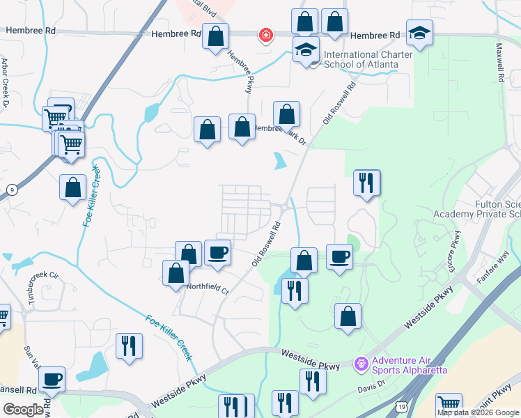 map of restaurants, bars, coffee shops, grocery stores, and more near 20045 Windalier Way in Roswell