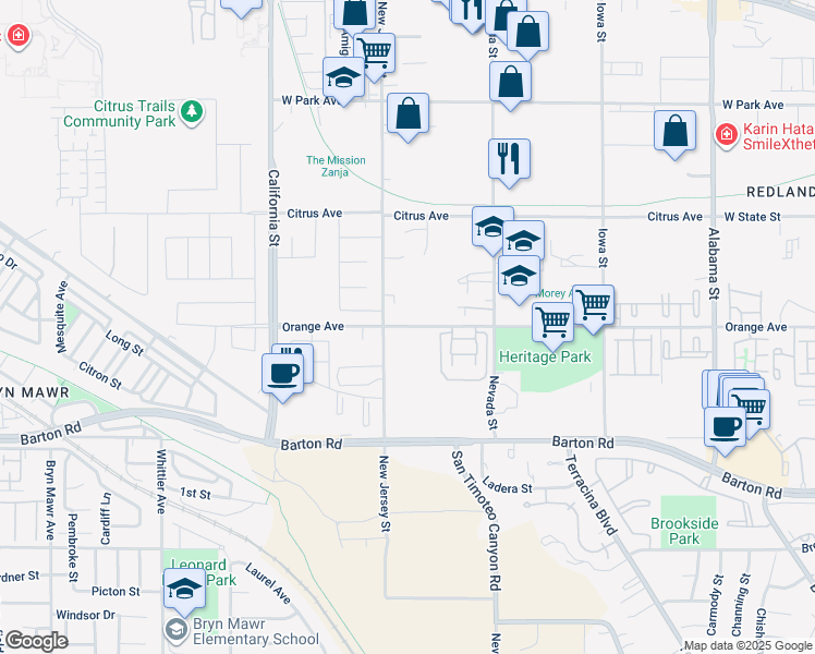 map of restaurants, bars, coffee shops, grocery stores, and more near 26735 Orange Avenue in Redlands