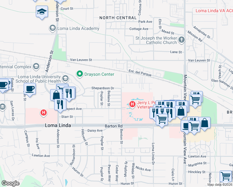 map of restaurants, bars, coffee shops, grocery stores, and more near 25251 La Mar Road in Loma Linda