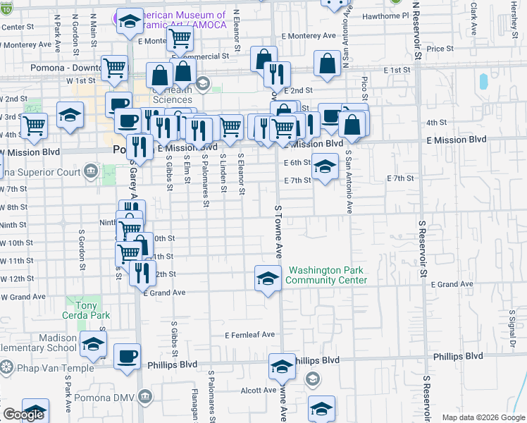 map of restaurants, bars, coffee shops, grocery stores, and more near 744 East 9th Street in Pomona