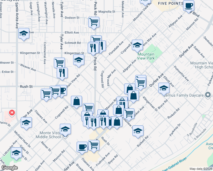 map of restaurants, bars, coffee shops, grocery stores, and more near 2226 Cogswell Road in El Monte