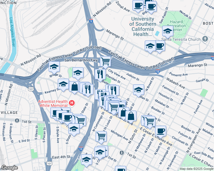 map of restaurants, bars, coffee shops, grocery stores, and more near 629 3/4 Brittania Street in Los Angeles