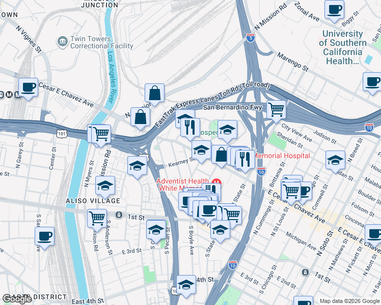 map of restaurants, bars, coffee shops, grocery stores, and more near 1814 Kearney Street in Los Angeles