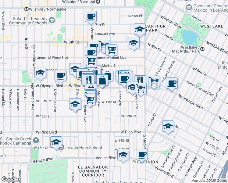 map of restaurants, bars, coffee shops, grocery stores, and more near 1034 South Westmoreland Avenue in Los Angeles