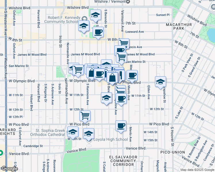 map of restaurants, bars, coffee shops, grocery stores, and more near 1045 South Catalina Street in Los Angeles