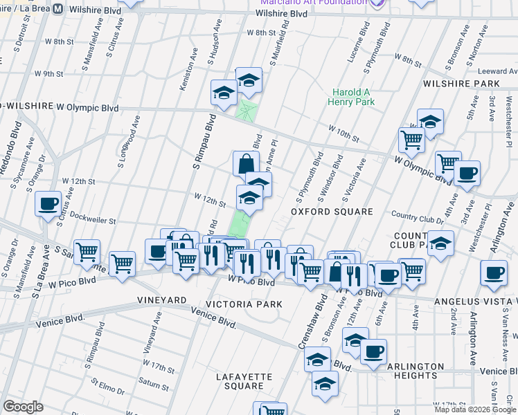 map of restaurants, bars, coffee shops, grocery stores, and more near 1189 South Lucerne Boulevard in Los Angeles