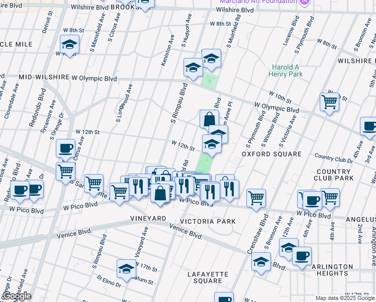map of restaurants, bars, coffee shops, grocery stores, and more near 1218 South Muirfield Road in Los Angeles