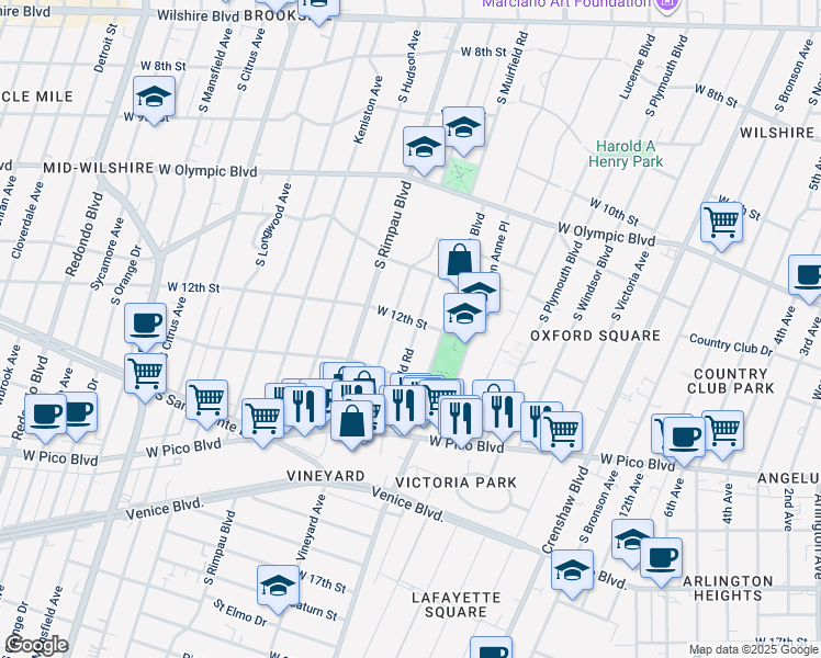 map of restaurants, bars, coffee shops, grocery stores, and more near 1218 South Muirfield Road in Los Angeles