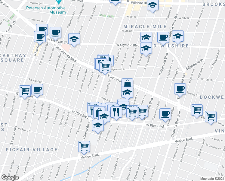 map of restaurants, bars, coffee shops, grocery stores, and more near 1262 South Burnside Avenue in Los Angeles
