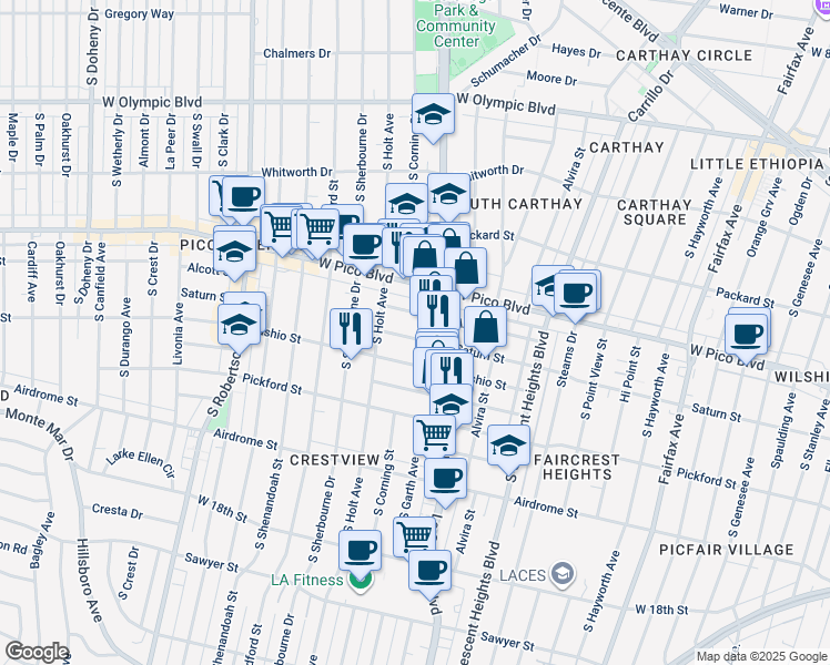 map of restaurants, bars, coffee shops, grocery stores, and more near 8516 1/2 Saturn Street in Los Angeles