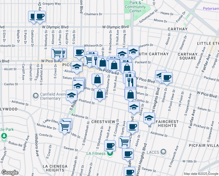 map of restaurants, bars, coffee shops, grocery stores, and more near 8635 Cashio Street in Los Angeles