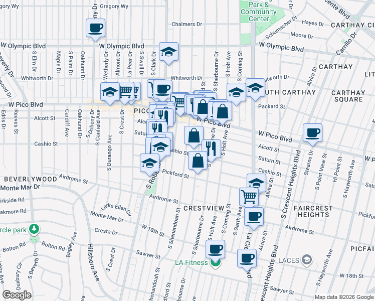 map of restaurants, bars, coffee shops, grocery stores, and more near in Los Angeles