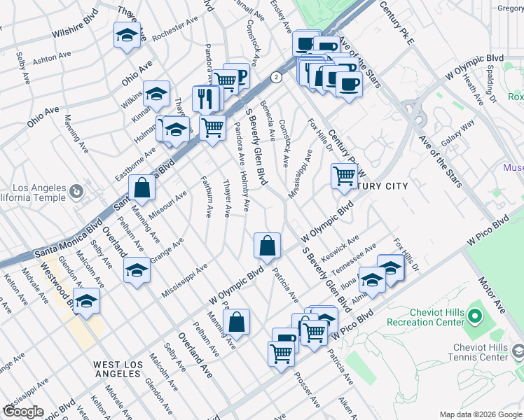map of restaurants, bars, coffee shops, grocery stores, and more near 2050 Holmby Avenue in Los Angeles