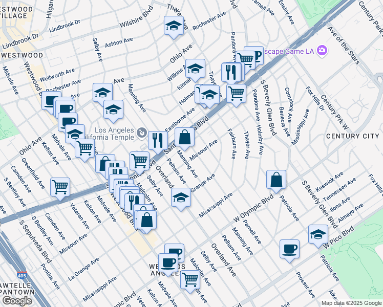 map of restaurants, bars, coffee shops, grocery stores, and more near 1907 Parnell Avenue in Los Angeles