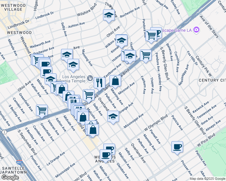 map of restaurants, bars, coffee shops, grocery stores, and more near 1827 Manning Avenue in Los Angeles