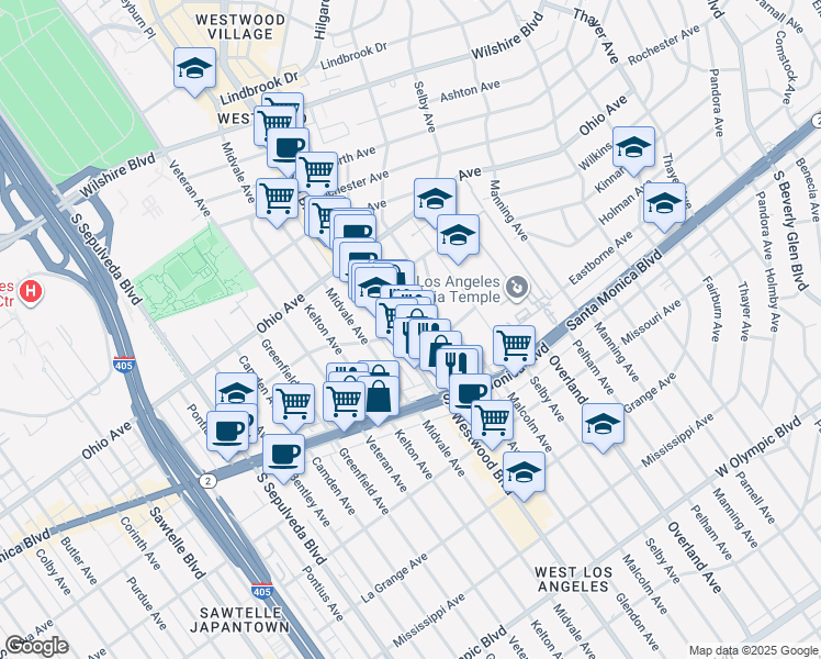 map of restaurants, bars, coffee shops, grocery stores, and more near 1716 Westwood Boulevard in Los Angeles